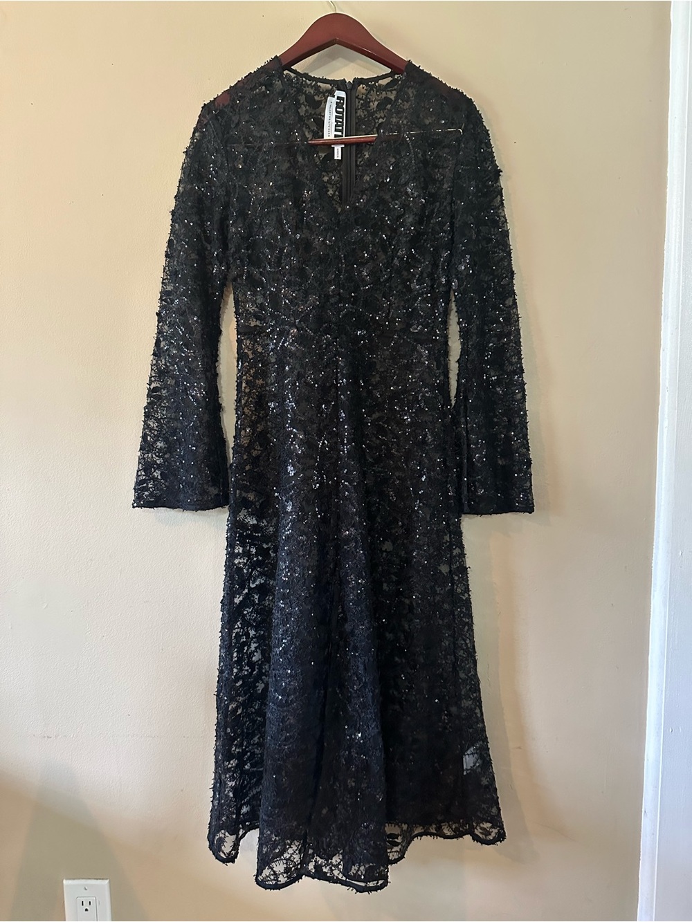 ROTATE Birger Christensen Black Sequin Lace A-Line Midi Bell Sleeve Dress, Sz 6